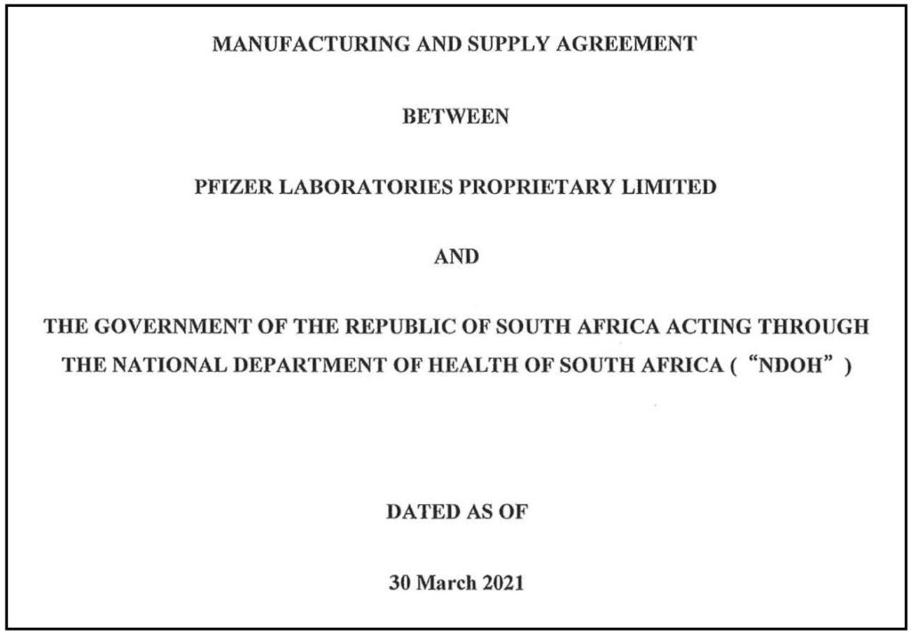 Contrat confidentiel entre Pfizer et l'Afrique du Sud portant sur l'achat de vaccins contre la Covid-19